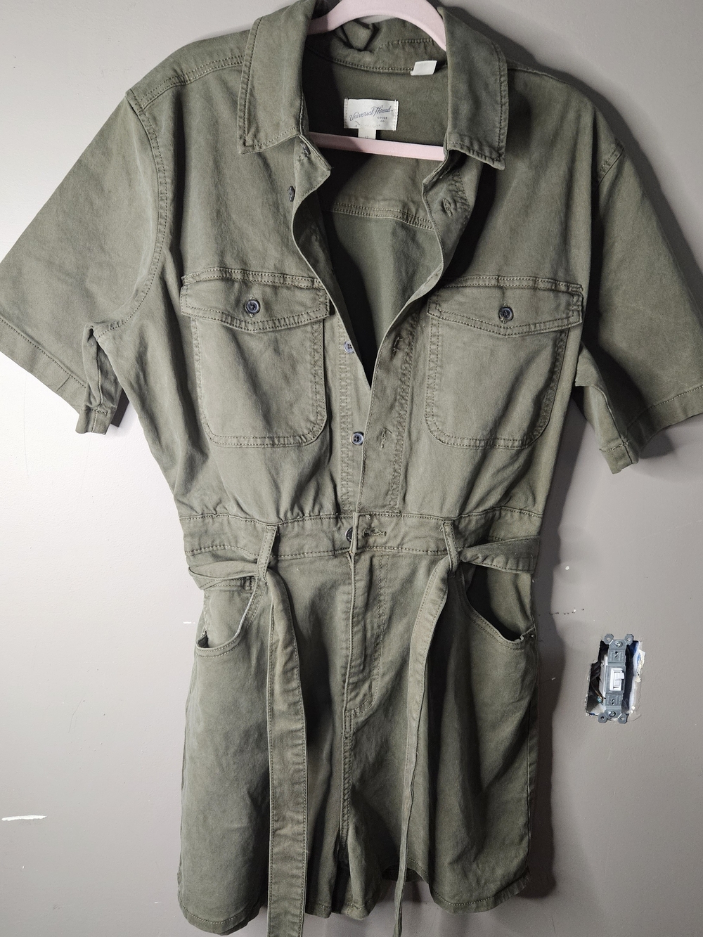 Universal Thread Olive Green Button-Front Utility Romper Ptp 19"